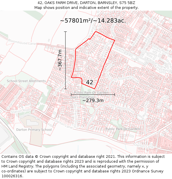 42, OAKS FARM DRIVE, DARTON, BARNSLEY, S75 5BZ: Plot and title map