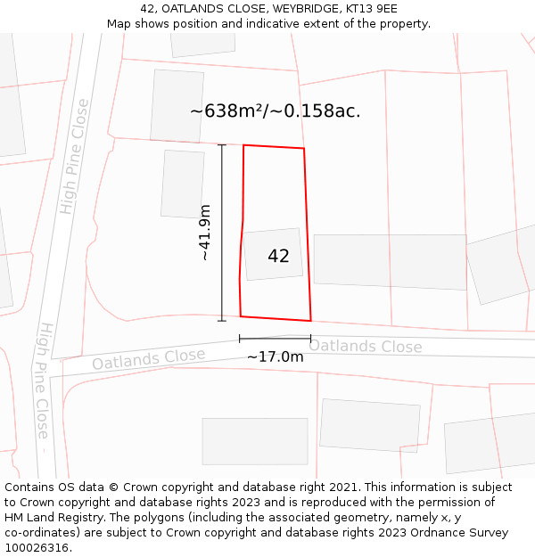 42, OATLANDS CLOSE, WEYBRIDGE, KT13 9EE: Plot and title map