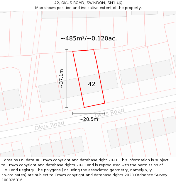 42, OKUS ROAD, SWINDON, SN1 4JQ: Plot and title map