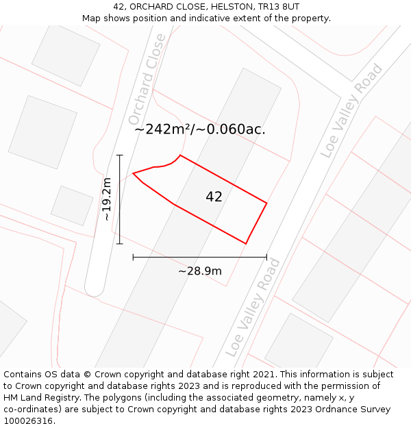 42, ORCHARD CLOSE, HELSTON, TR13 8UT: Plot and title map