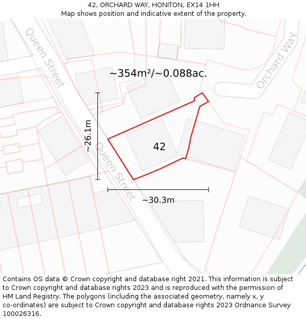 42, ORCHARD WAY, HONITON, EX14 1HH: Plot and title map