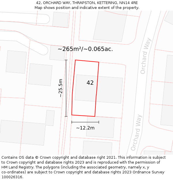 42, ORCHARD WAY, THRAPSTON, KETTERING, NN14 4RE: Plot and title map