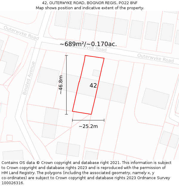 42, OUTERWYKE ROAD, BOGNOR REGIS, PO22 8NF: Plot and title map