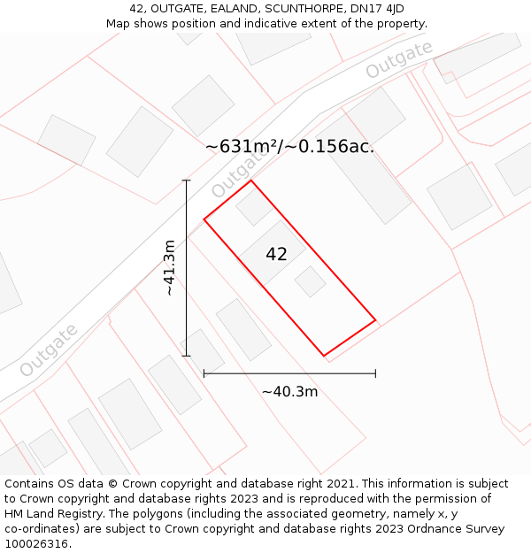 42, OUTGATE, EALAND, SCUNTHORPE, DN17 4JD: Plot and title map