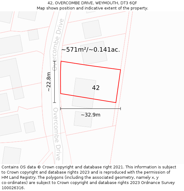 42, OVERCOMBE DRIVE, WEYMOUTH, DT3 6QF: Plot and title map