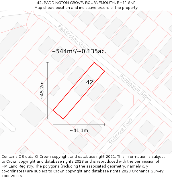 42, PADDINGTON GROVE, BOURNEMOUTH, BH11 8NP: Plot and title map