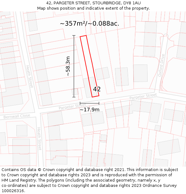 42, PARGETER STREET, STOURBRIDGE, DY8 1AU: Plot and title map