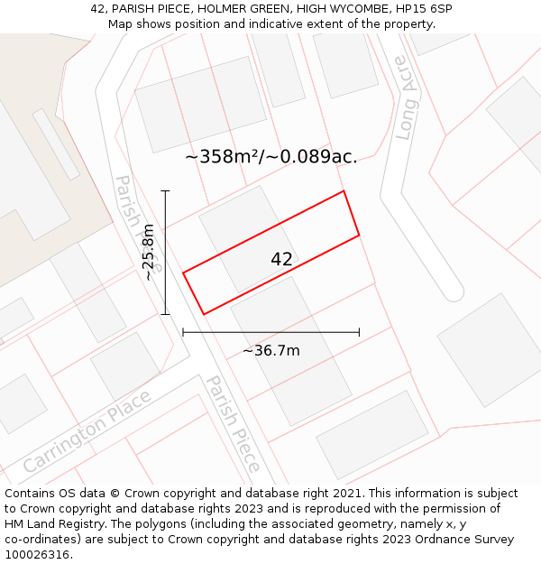 42, PARISH PIECE, HOLMER GREEN, HIGH WYCOMBE, HP15 6SP: Plot and title map