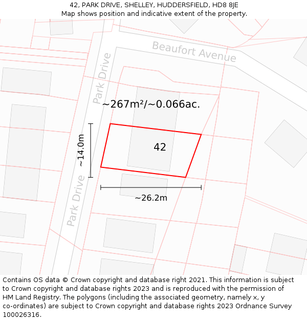 42, PARK DRIVE, SHELLEY, HUDDERSFIELD, HD8 8JE: Plot and title map