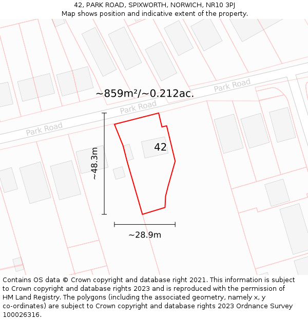 42, PARK ROAD, SPIXWORTH, NORWICH, NR10 3PJ: Plot and title map