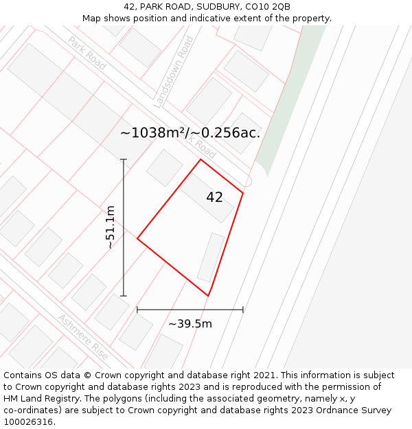 42, PARK ROAD, SUDBURY, CO10 2QB: Plot and title map