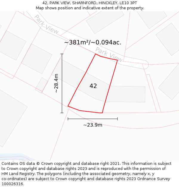 42, PARK VIEW, SHARNFORD, HINCKLEY, LE10 3PT: Plot and title map