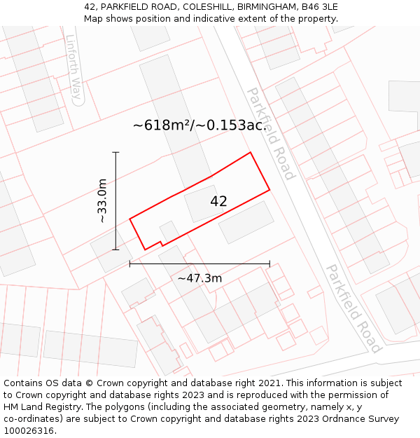 42, PARKFIELD ROAD, COLESHILL, BIRMINGHAM, B46 3LE: Plot and title map