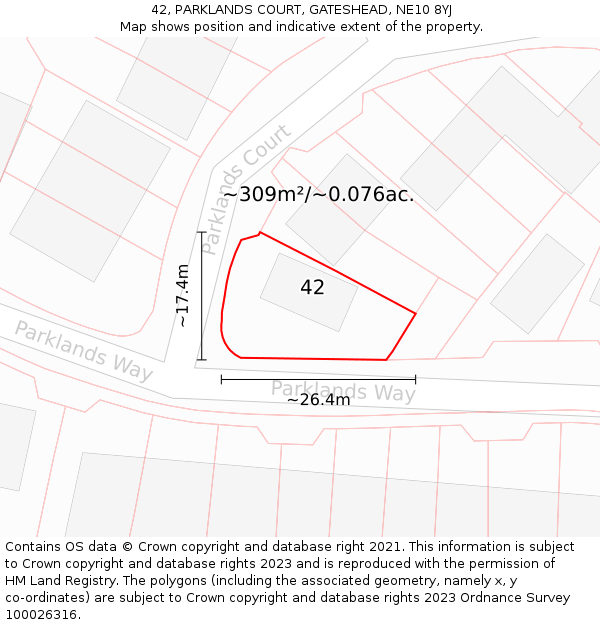 42, PARKLANDS COURT, GATESHEAD, NE10 8YJ: Plot and title map