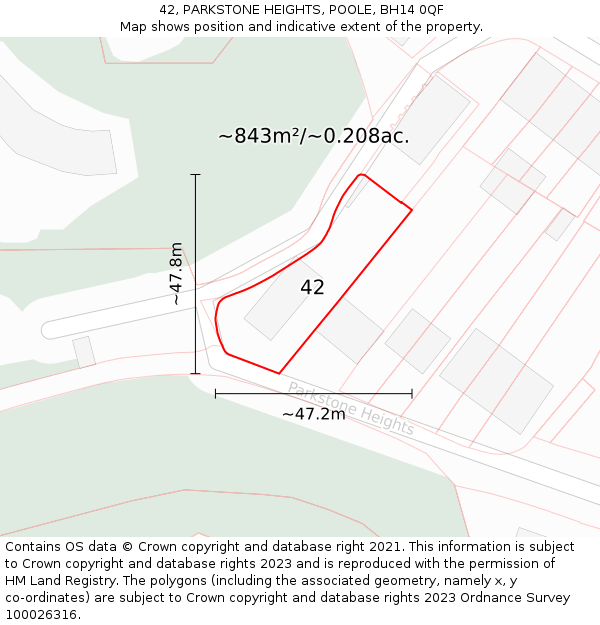 42, PARKSTONE HEIGHTS, POOLE, BH14 0QF: Plot and title map