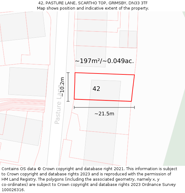 42, PASTURE LANE, SCARTHO TOP, GRIMSBY, DN33 3TF: Plot and title map