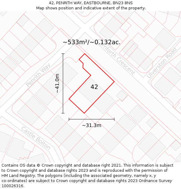 42, PENRITH WAY, EASTBOURNE, BN23 8NS: Plot and title map