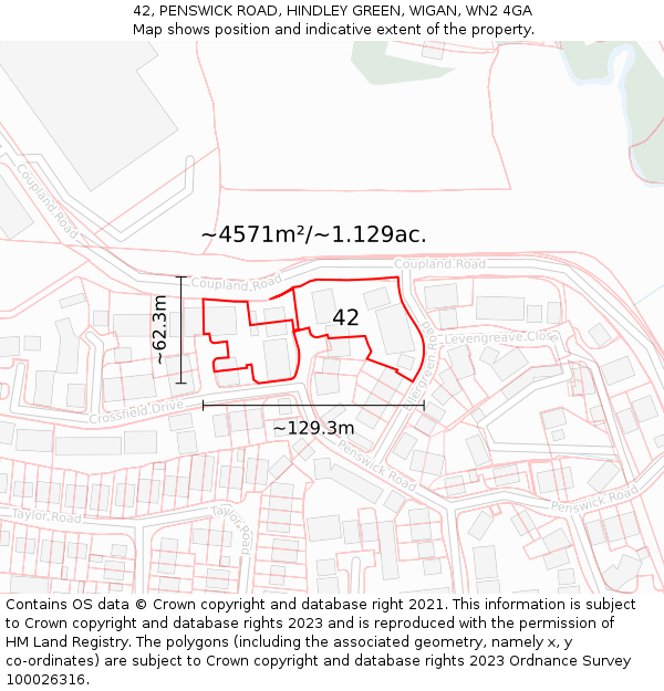 42, PENSWICK ROAD, HINDLEY GREEN, WIGAN, WN2 4GA: Plot and title map