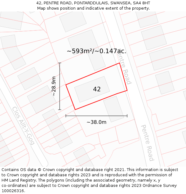 42, PENTRE ROAD, PONTARDDULAIS, SWANSEA, SA4 8HT: Plot and title map