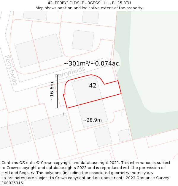 42, PERRYFIELDS, BURGESS HILL, RH15 8TU: Plot and title map