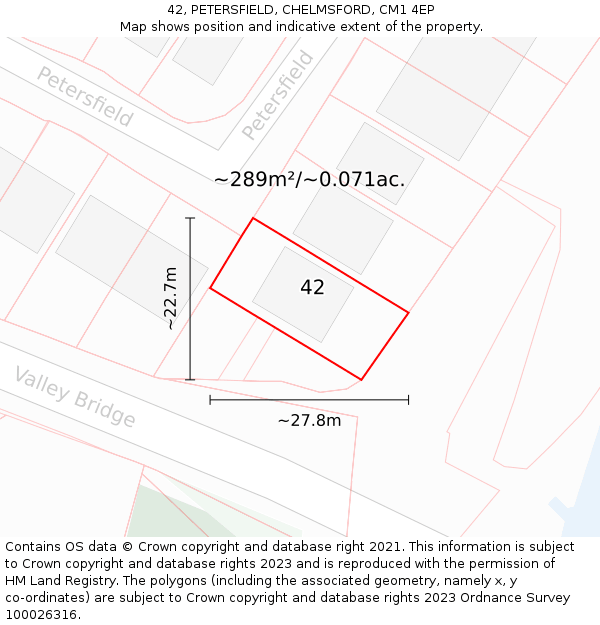 42, PETERSFIELD, CHELMSFORD, CM1 4EP: Plot and title map