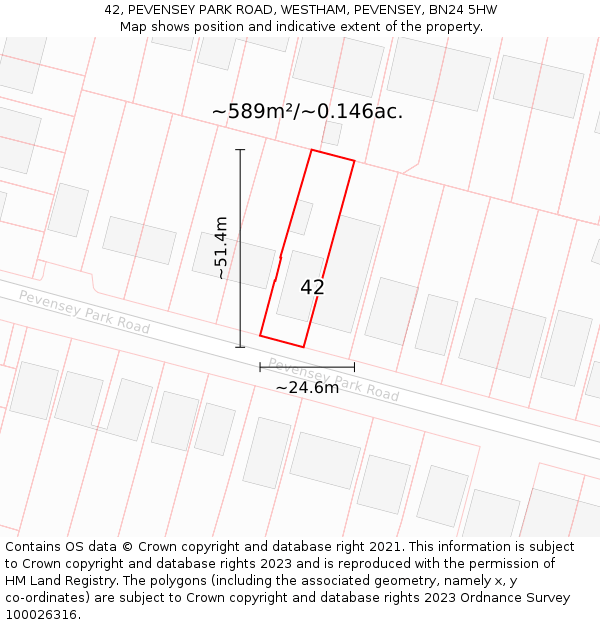 42, PEVENSEY PARK ROAD, WESTHAM, PEVENSEY, BN24 5HW: Plot and title map