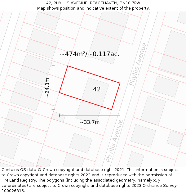 42, PHYLLIS AVENUE, PEACEHAVEN, BN10 7PW: Plot and title map