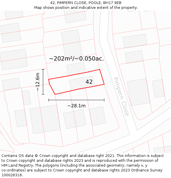 42, PIMPERN CLOSE, POOLE, BH17 9EB: Plot and title map