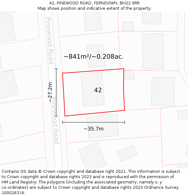 42, PINEWOOD ROAD, FERNDOWN, BH22 9RR: Plot and title map