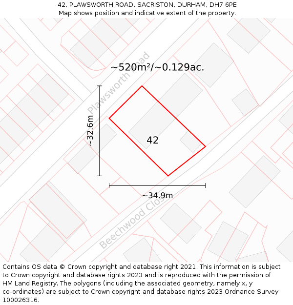 42, PLAWSWORTH ROAD, SACRISTON, DURHAM, DH7 6PE: Plot and title map