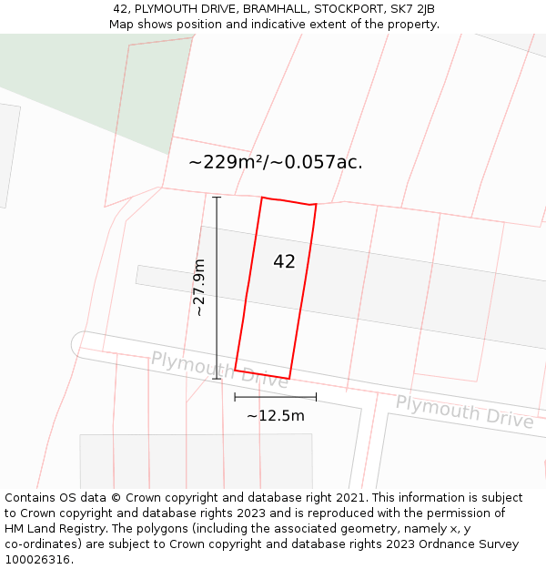 42, PLYMOUTH DRIVE, BRAMHALL, STOCKPORT, SK7 2JB: Plot and title map