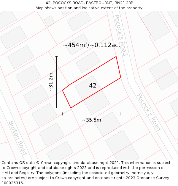 42, POCOCKS ROAD, EASTBOURNE, BN21 2RP: Plot and title map