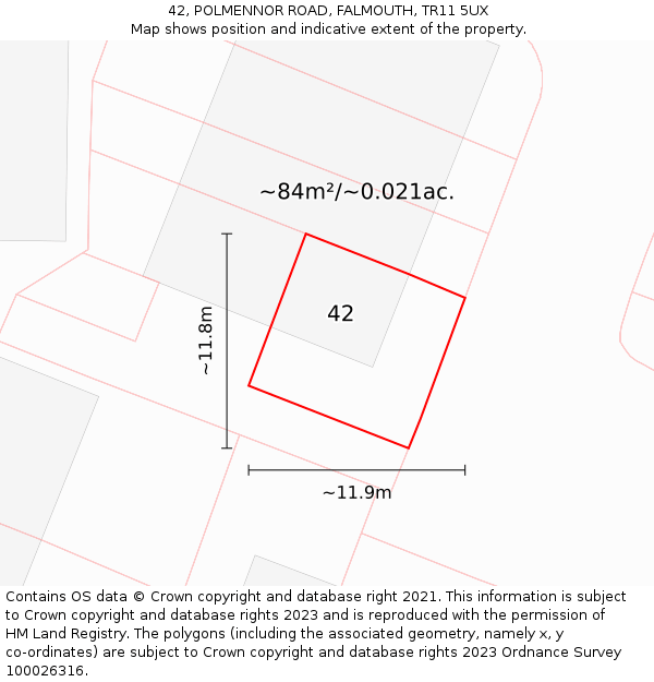 42, POLMENNOR ROAD, FALMOUTH, TR11 5UX: Plot and title map