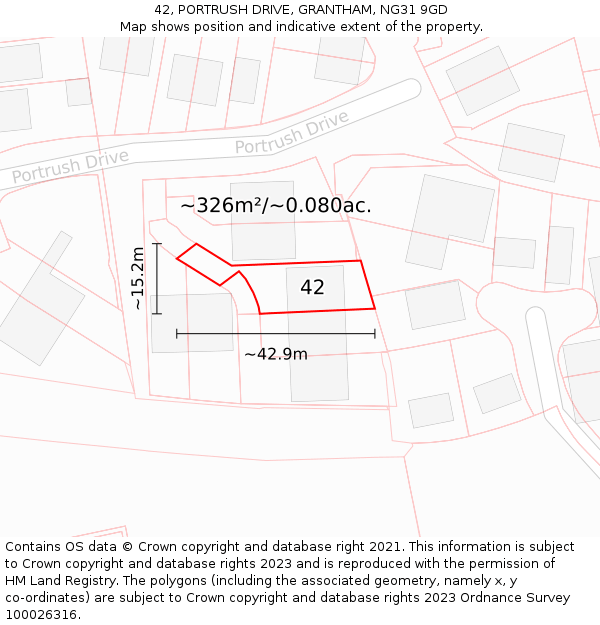 42, PORTRUSH DRIVE, GRANTHAM, NG31 9GD: Plot and title map