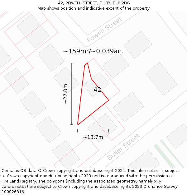 42, POWELL STREET, BURY, BL8 2BG: Plot and title map