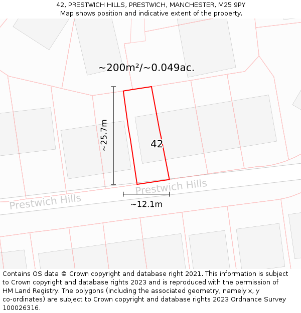 42, PRESTWICH HILLS, PRESTWICH, MANCHESTER, M25 9PY: Plot and title map