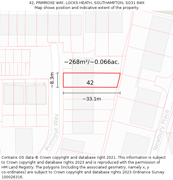 42, PRIMROSE WAY, LOCKS HEATH, SOUTHAMPTON, SO31 6WX: Plot and title map