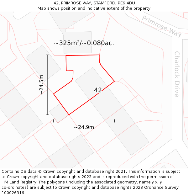 42, PRIMROSE WAY, STAMFORD, PE9 4BU: Plot and title map