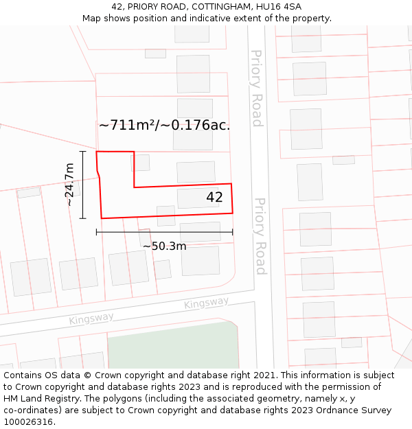 42, PRIORY ROAD, COTTINGHAM, HU16 4SA: Plot and title map