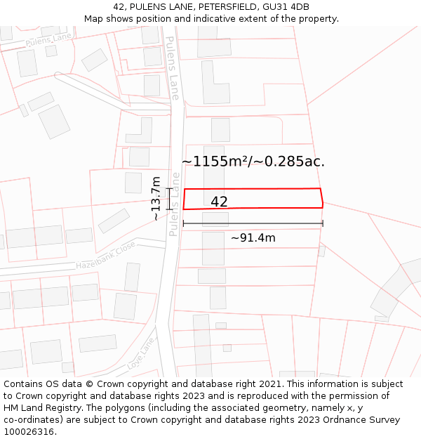42, PULENS LANE, PETERSFIELD, GU31 4DB: Plot and title map