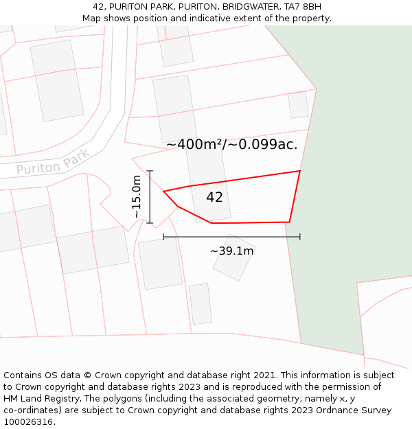 42, PURITON PARK, PURITON, BRIDGWATER, TA7 8BH: Plot and title map