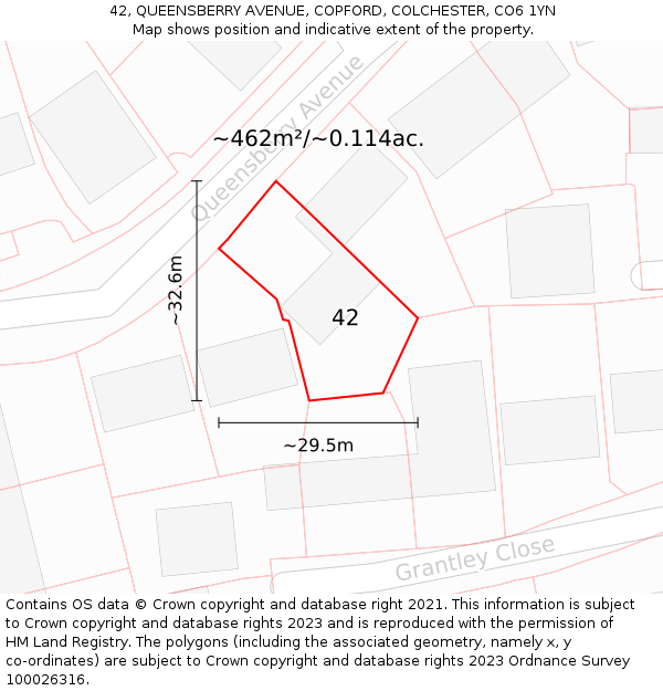 42, QUEENSBERRY AVENUE, COPFORD, COLCHESTER, CO6 1YN: Plot and title map