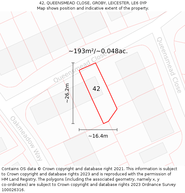 42, QUEENSMEAD CLOSE, GROBY, LEICESTER, LE6 0YP: Plot and title map