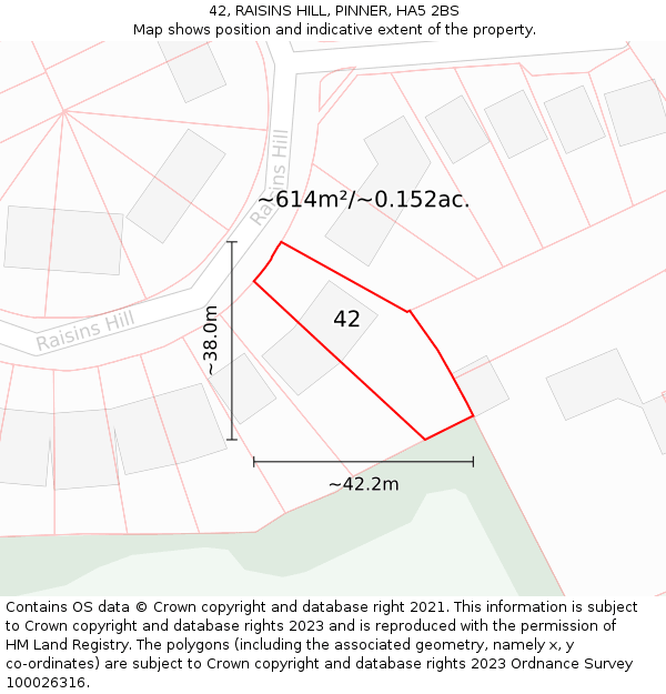 42, RAISINS HILL, PINNER, HA5 2BS: Plot and title map