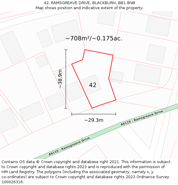 42, RAMSGREAVE DRIVE, BLACKBURN, BB1 8NB: Plot and title map