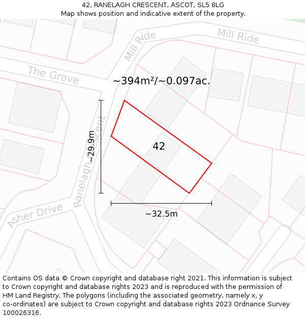 42, RANELAGH CRESCENT, ASCOT, SL5 8LG: Plot and title map