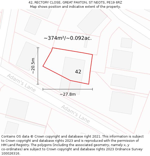 42, RECTORY CLOSE, GREAT PAXTON, ST NEOTS, PE19 6RZ: Plot and title map