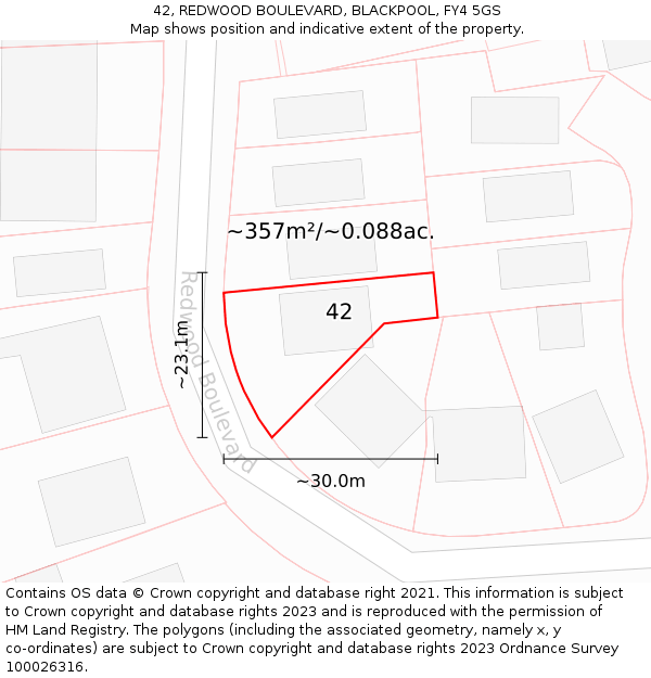 42, REDWOOD BOULEVARD, BLACKPOOL, FY4 5GS: Plot and title map