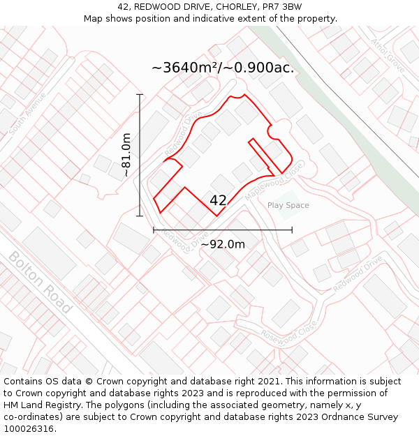 42, REDWOOD DRIVE, CHORLEY, PR7 3BW: Plot and title map