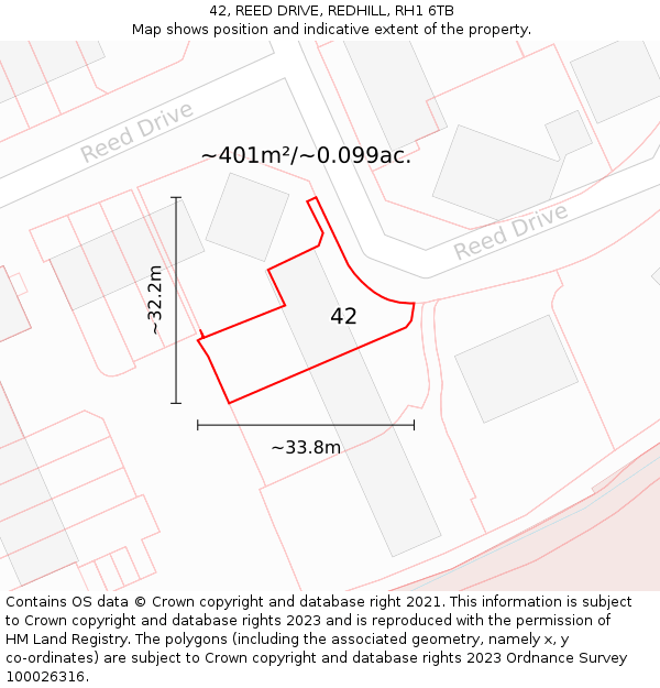 42, REED DRIVE, REDHILL, RH1 6TB: Plot and title map